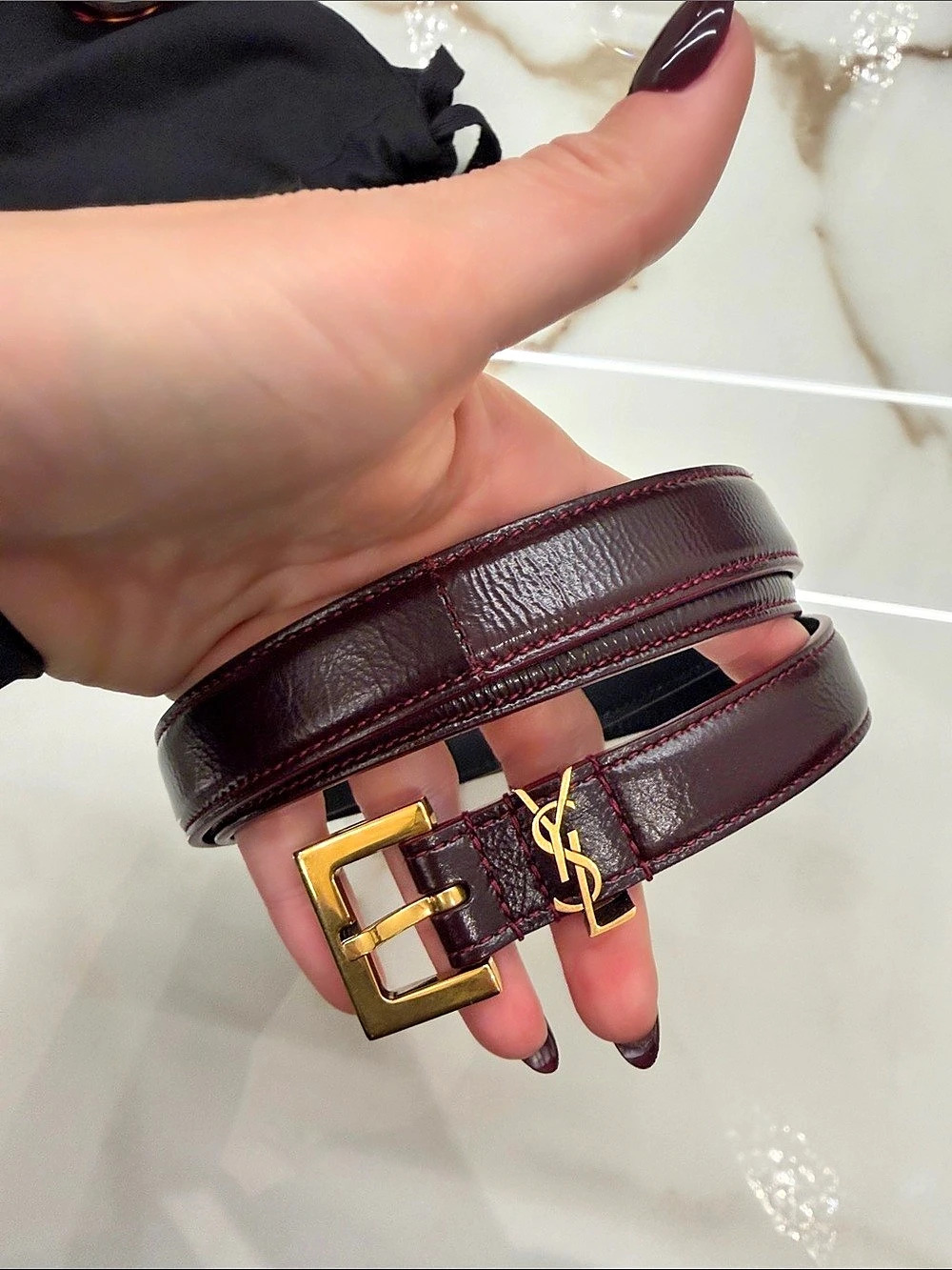 Saint Laurent Cassandre Thin Belt with Square Buckle Burgundy & Black
